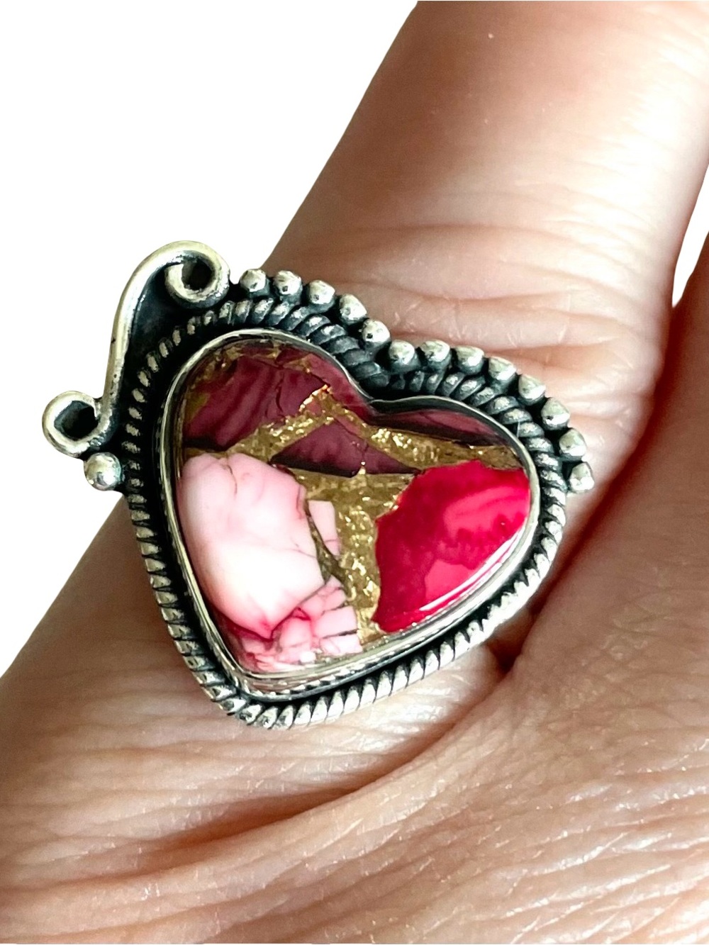 Red Rose Dahlia Turquoise And Sterling Silver Heart Ring
